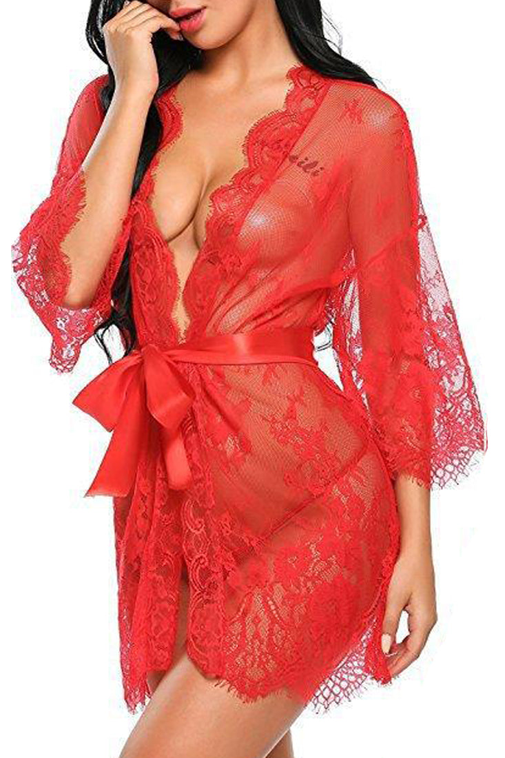 Red Lace Embroidered Robe Thong Belt 3Pc Lingerie Set