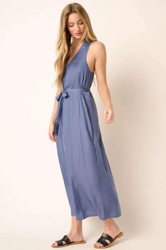 Mittoshop Cross Back Belted V Neck Tank Maxi Dress