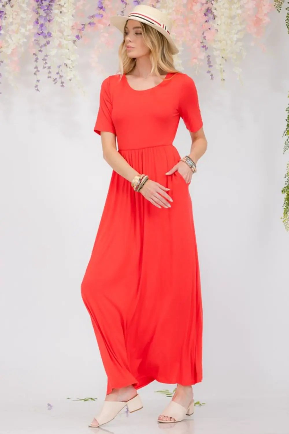 Celeste Full Size Round Neck Short Sleeve Maxi Dress with Pockets Plus Size