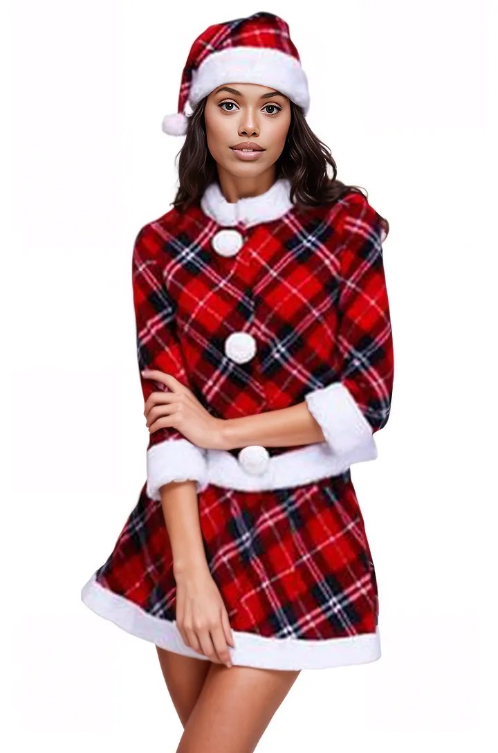 Red Plaid White Fur Pom Pom 3Pc Sexy Santa Holiday Costume Outfit