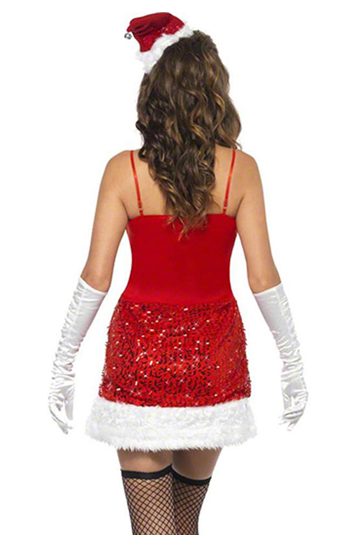 Red Sequin White Fur Lace-Up Bow 3Pc Sexy Santa Holiday Costume Dress