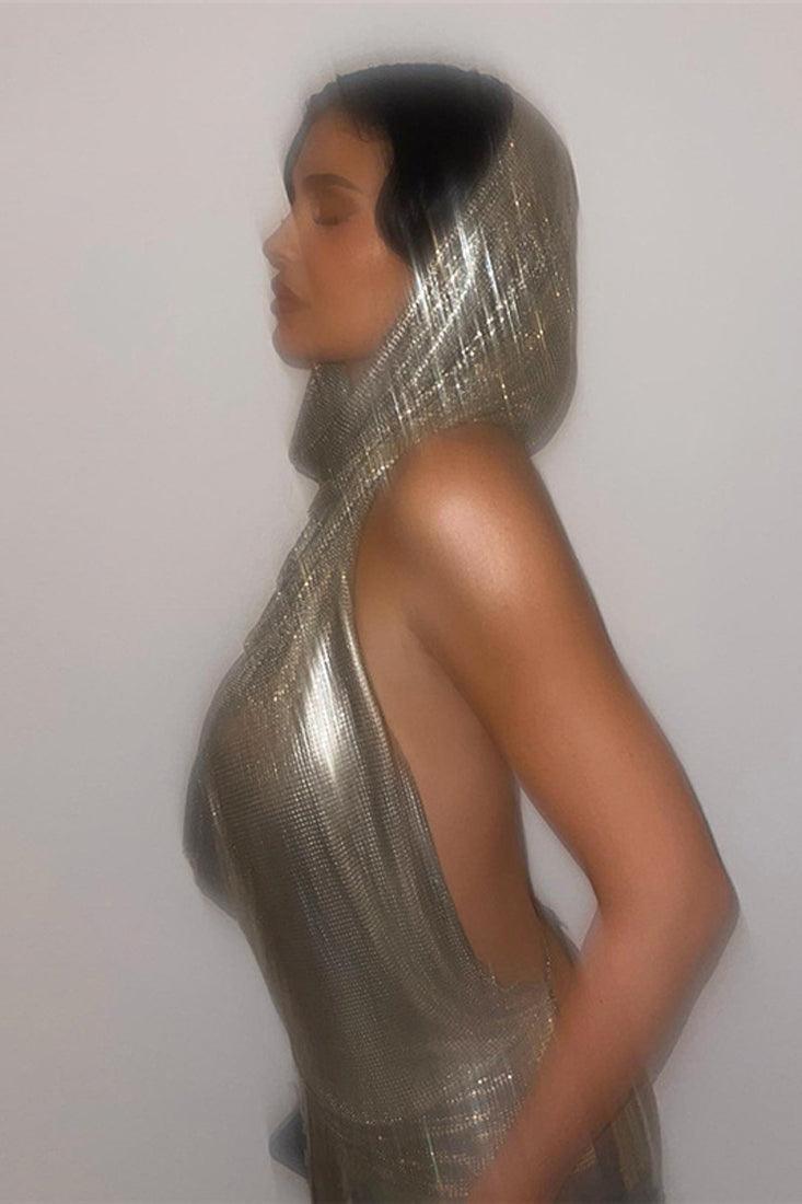 Silver Metallic Halter Hooded Backless Chain Party Club Top - AMIClubwear