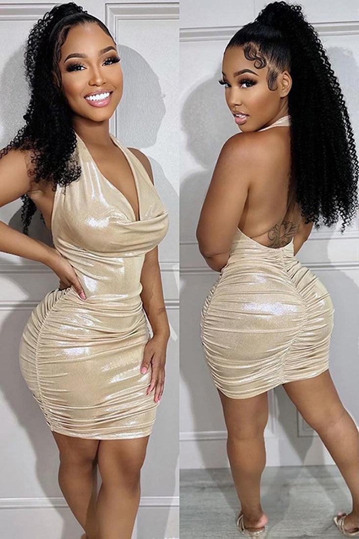 Beige Metallic Halter Ruched Backless Sexy Party Holiday Dress - AMIClubwear