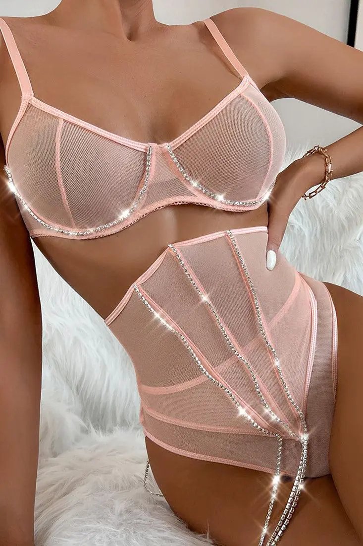 Pink Rhinestone Mesh Boned Corset Thong 3Pc Sexy Lingerie Set