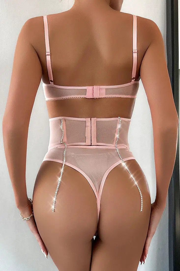 Pink Rhinestone Mesh Boned Corset Thong 3Pc Sexy Lingerie Set