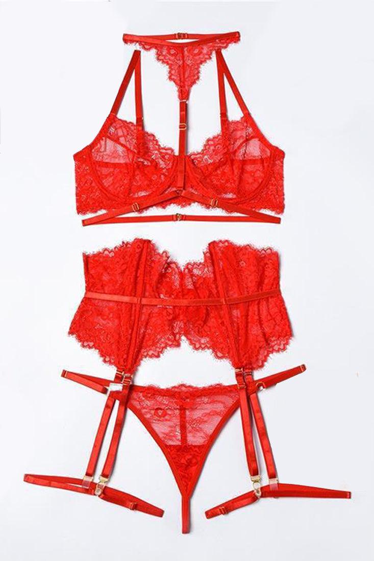 Red Eyelash Lace Bra Thong Choker Garter Corset Belted 6Pc Sexy Lingerie Set - AMIClubwear