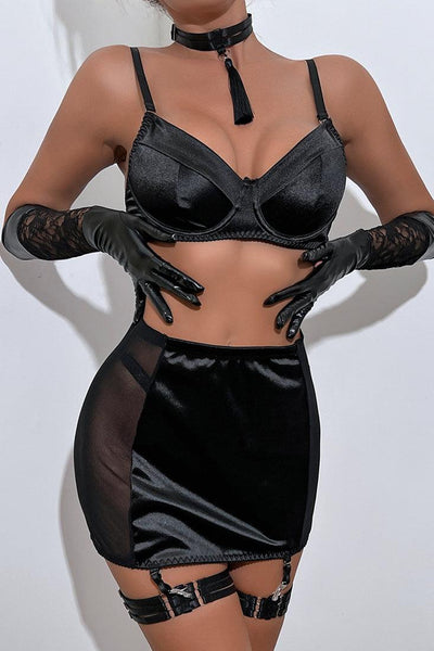 Black Satin Wire Bra Mesh Garter Skirt Thong Choker 6Pc Sexy Outfit
