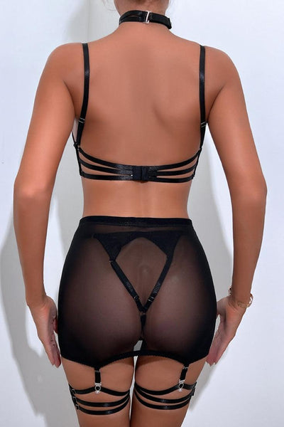 Black Satin Wire Bra Mesh Garter Skirt Thong Choker 6Pc Sexy Outfit - AMIClubwear