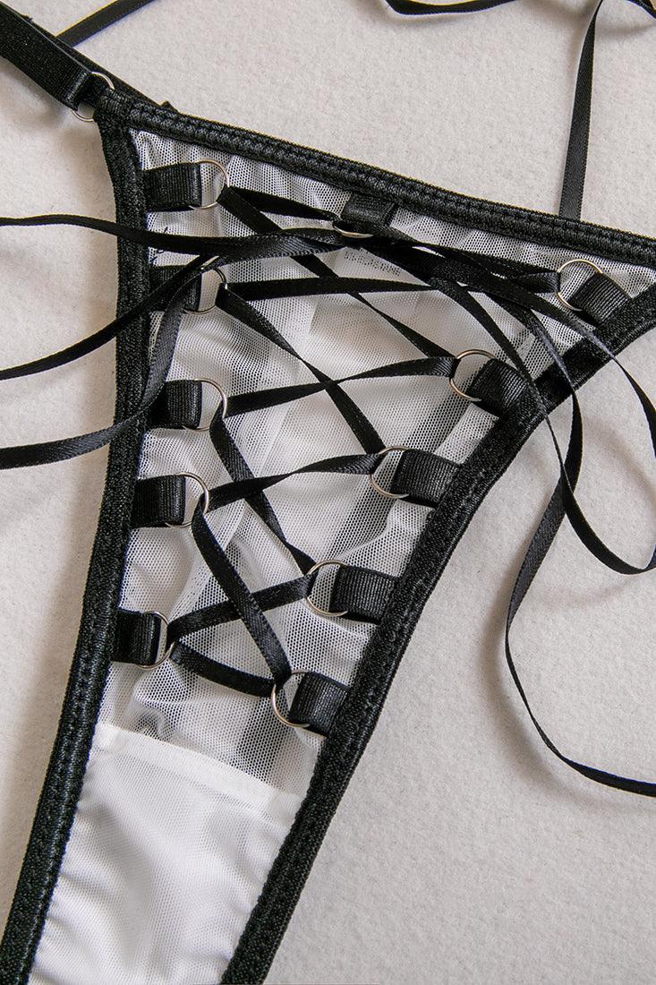 Black White Mesh Lace-Up Sexy Bra Thong Garters Choker 4Pc Lingerie Se   AMIClubwear