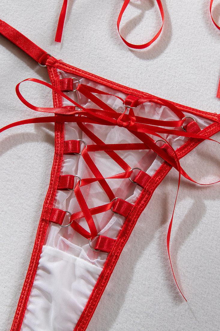 Red White Mesh Lace-Up Sexy Bra Thong Garters Choker 4Pc Lingerie Set
