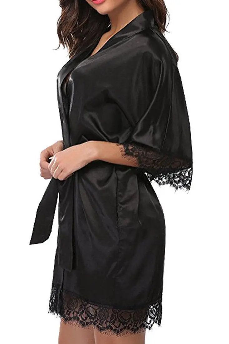 Black Satin Lace Kimono Robe With Belt Lingerie Set