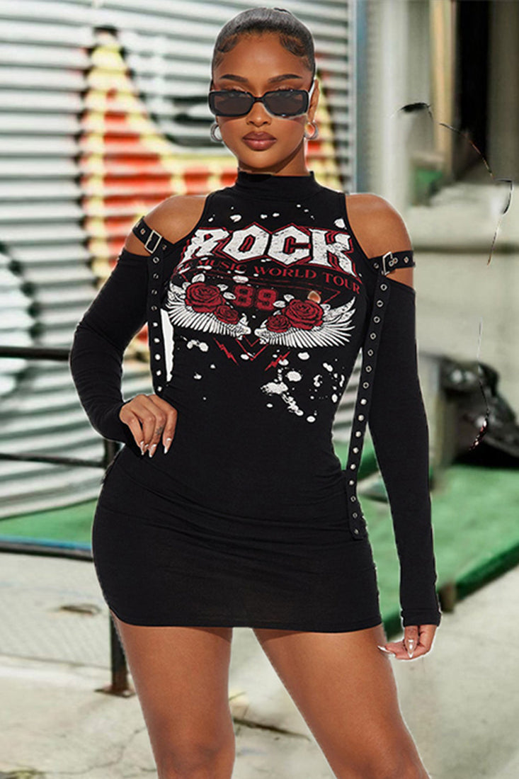 Black Long Sleeves Cold Shoulders Sexy Grommet Rock Dress