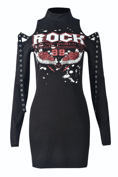 Black Long Sleeves Cold Shoulders Sexy Grommet Rock Dress