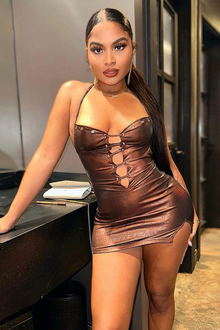 Bronze Metallic Sexy Lace-Up Strappy Backless Fitted Party Dress