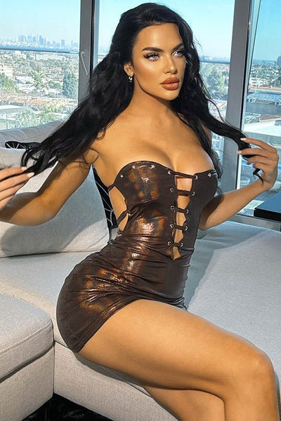 Bronze Metallic Sexy Lace-Up Strappy Backless Fitted Party Dress