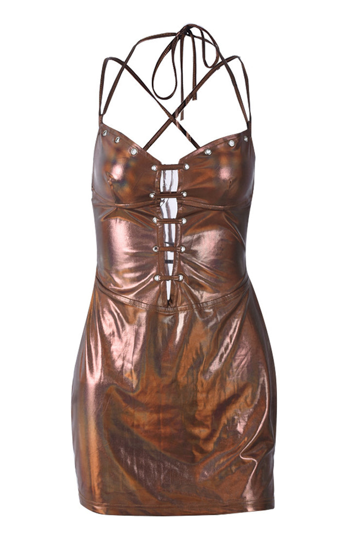 Bronze Metallic Sexy Lace-Up Strappy Backless Fitted Party Dress