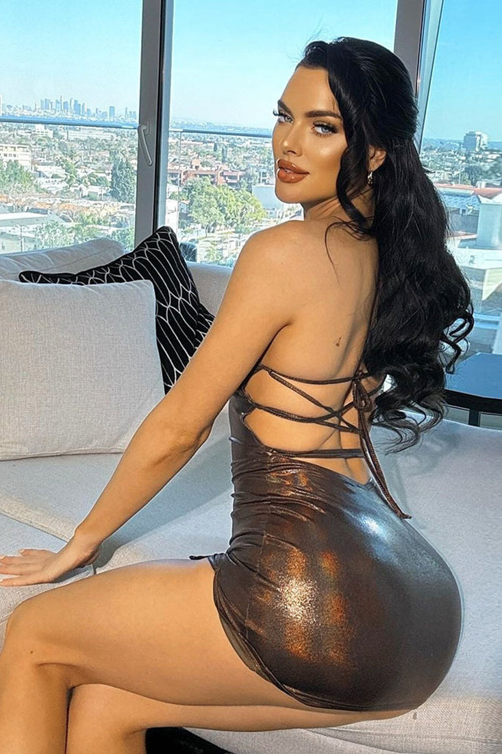 Bronze Metallic Sexy Lace-Up Strappy Backless Fitted Party Dress