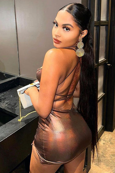 Bronze Metallic Sexy Lace-Up Strappy Backless Fitted Party Dress