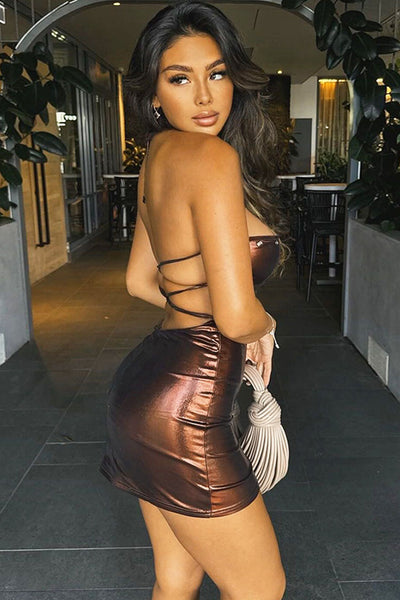 Bronze Metallic Sexy Lace-Up Strappy Backless Fitted Party Dress