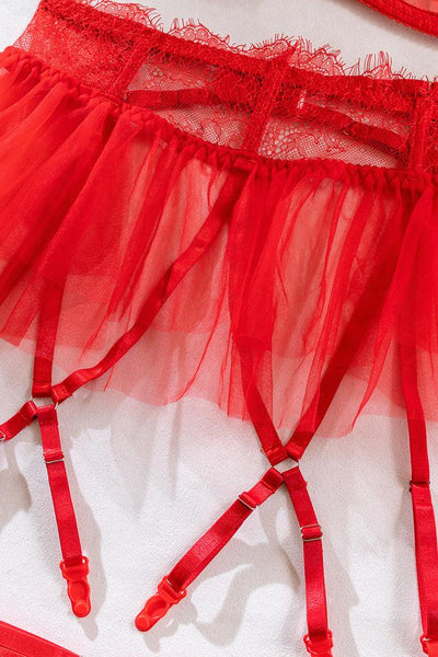 Red Mesh Lace Bra Thong Tutu Garter Belt 5Pc Sexy Lingerie Set - AMIClubwear