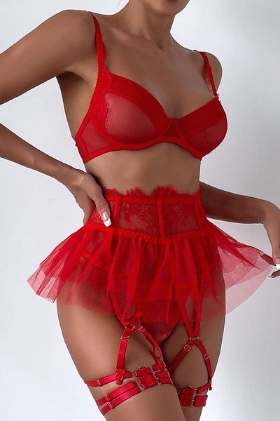 Red Mesh Lace Bra Thong Tutu Garter Belt 5Pc Sexy Lingerie Set