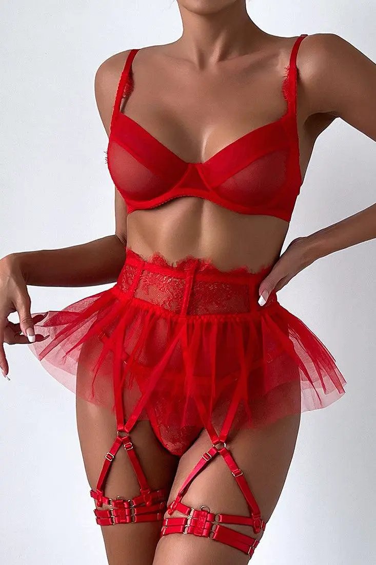 Red Mesh Lace Bra Thong Tutu Garter Belt 5Pc Sexy Lingerie Set