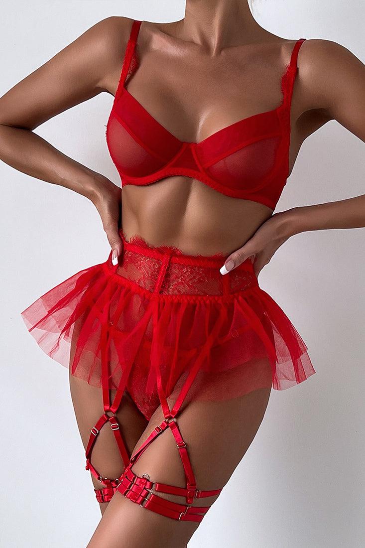 Red Mesh Lace Bra Thong Tutu Garter Belt 5Pc Sexy Lingerie Set