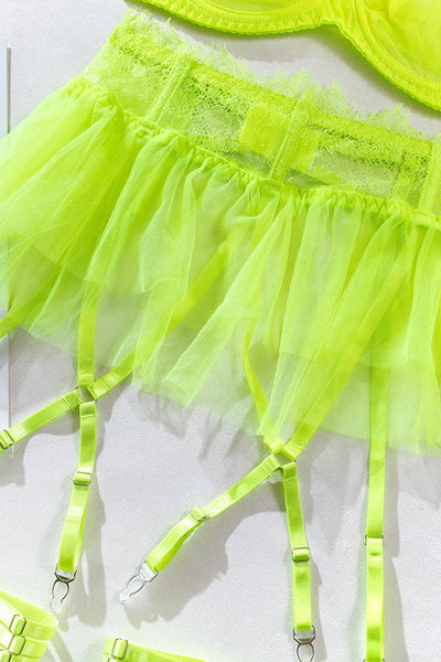 Neon Yellow Mesh Lace Bra Thong Tutu Garter Belt 5Pc Sexy Lingerie Set - AMIClubwear