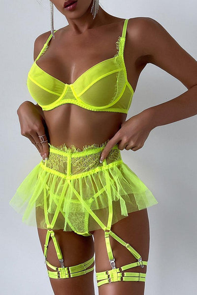 Neon Yellow Mesh Lace Bra Thong Tutu Garter Belt 5Pc Sexy Lingerie Set - AMIClubwear