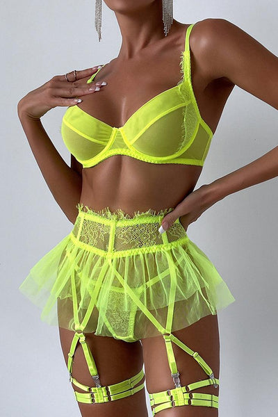 Neon Yellow Mesh Lace Bra Thong Tutu Garter Belt 5Pc Sexy Lingerie Set - AMIClubwear