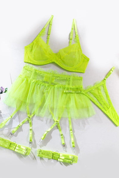 Neon Yellow Mesh Lace Bra Thong Tutu Garter Belt 5Pc Sexy Lingerie Set - AMIClubwear