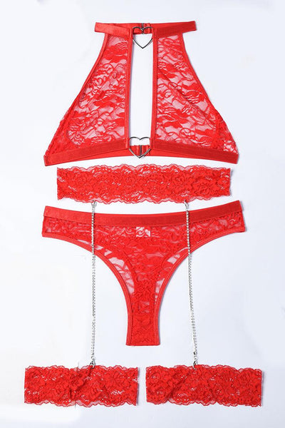 Sexy Red Lace Halter Heart Ring Chain Lingerie Set - AMIClubwear