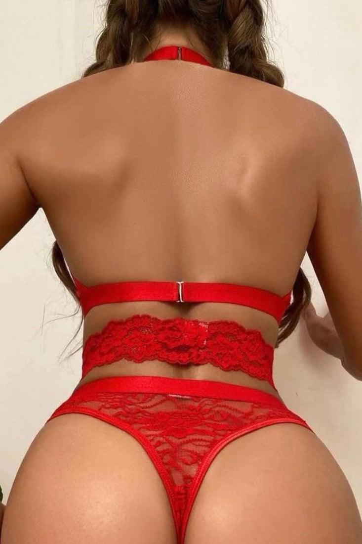 Sexy Red Lace Halter Heart Ring Chain Lingerie Set - AMIClubwear