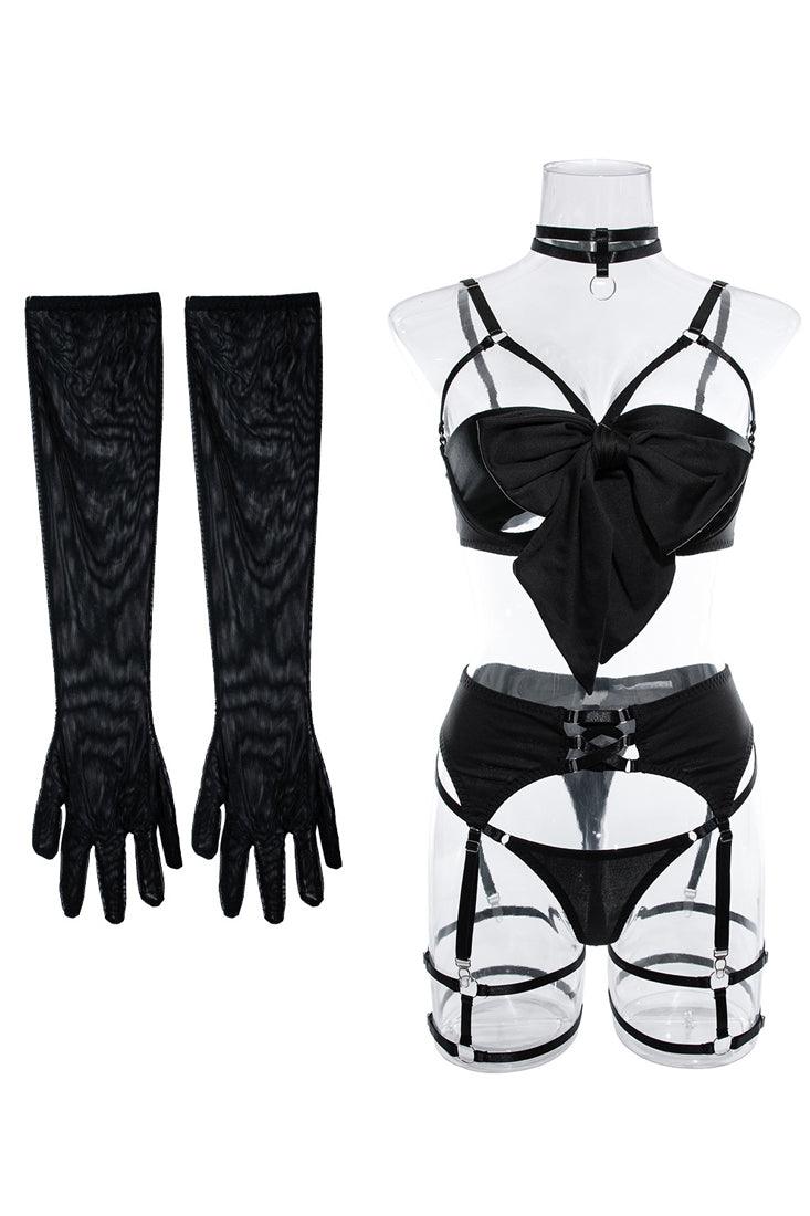 Black Bow Strappy Thong Gloved Garter 7Pc Lingerie Set - AMIClubwear