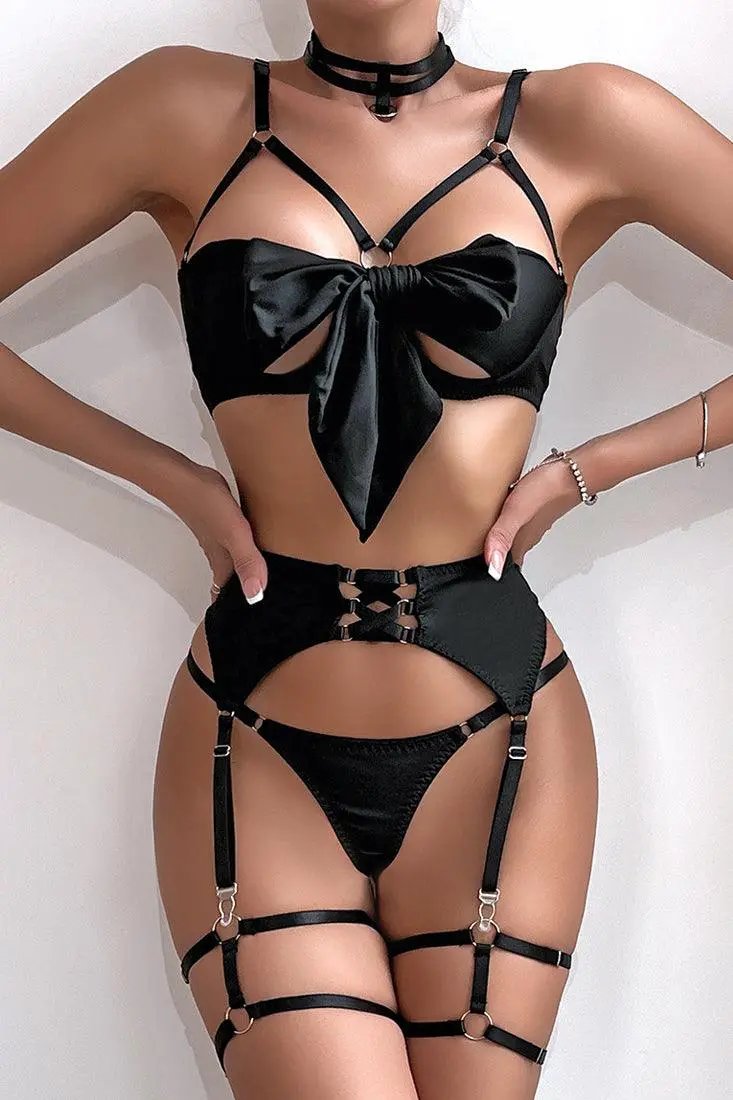 Black Bow Strappy Thong Gloved Garter 7Pc Lingerie Set