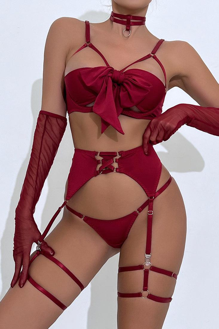 Wine Bow Strappy Thong Gloved Garter 7Pc Lingerie Set - AMIClubwear