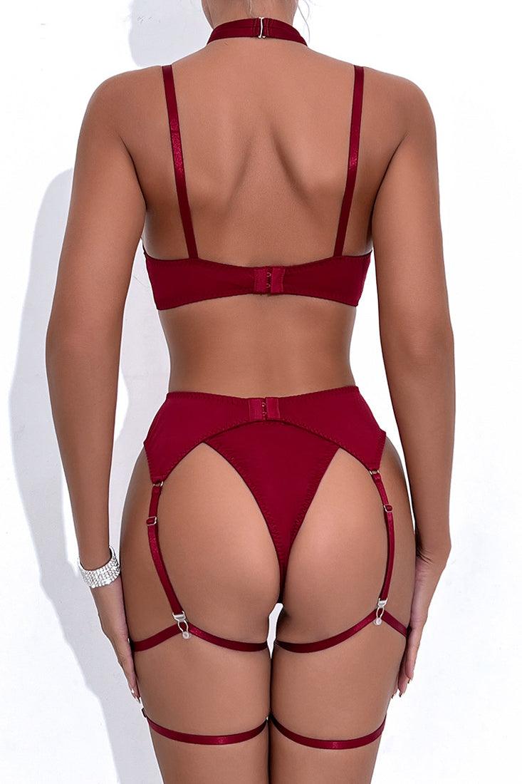 Wine Bow Strappy Thong Gloved Garter 7Pc Lingerie Set - AMIClubwear