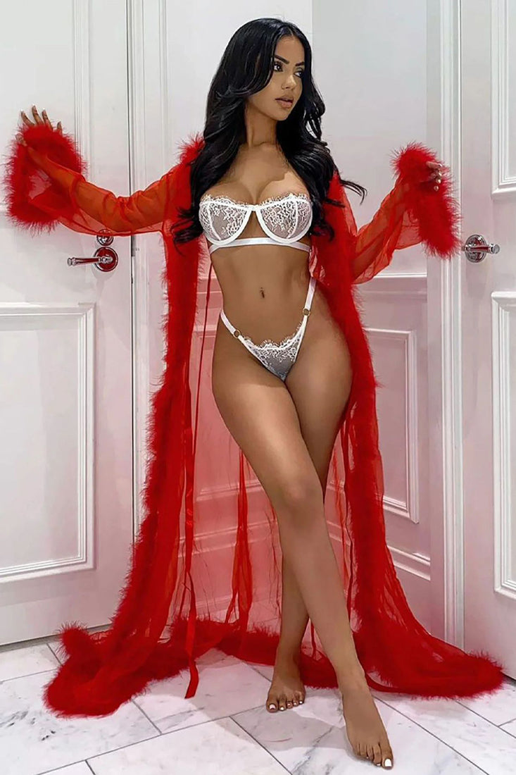 Red Long Sleeve Mesh Faux Fur Trim Long Maxi Robe Lingerie