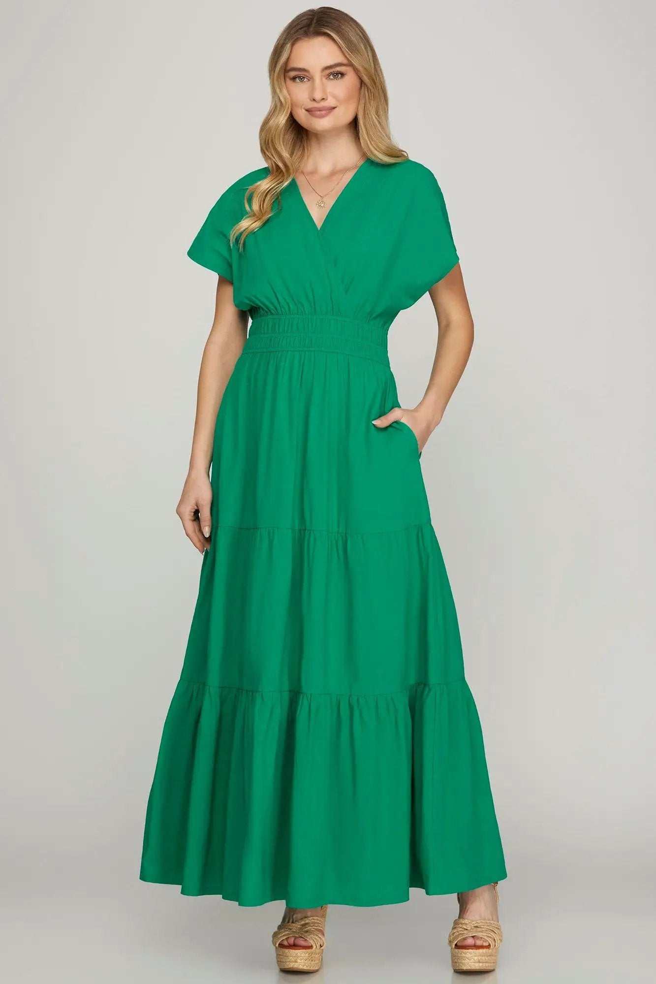She + Sky Surplice Short Sleeve Tiered Maxi Dress With Pockets