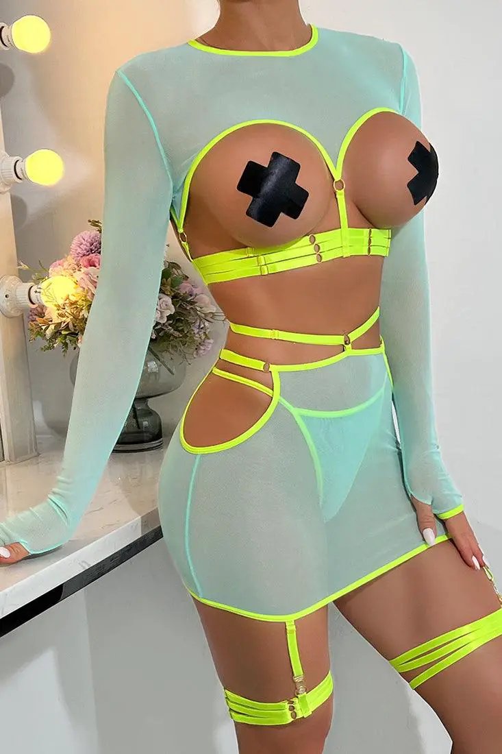 Mint Strappy Bandage Long Sleeve Mesh Open Chest Garter Thong 5Pc Lingerie Set