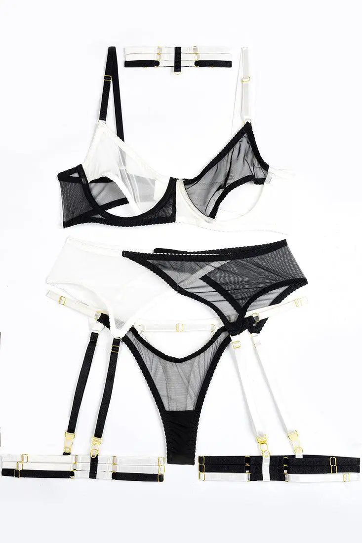 Black White Mesh Cut Out Bra 5Pc Choker Garter Thong Lingerie Set