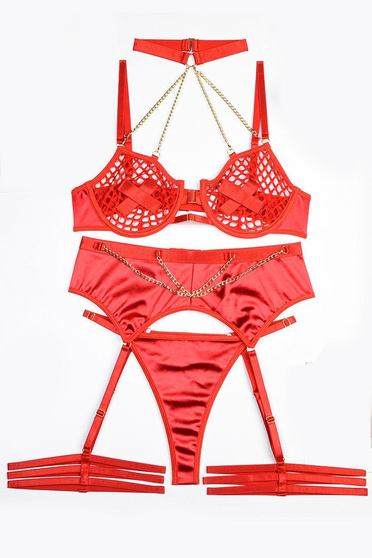 Red Netted Satin Choker Chain Garter Thong 5Pc Lingerie Set - AMIClubwear