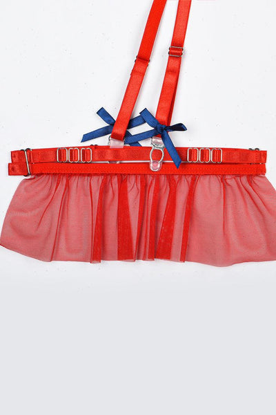 Red Ruffle Bow Sheer Mesh Boned Choker Thong Garter 5Pc Lingerie Set - AMIClubwear