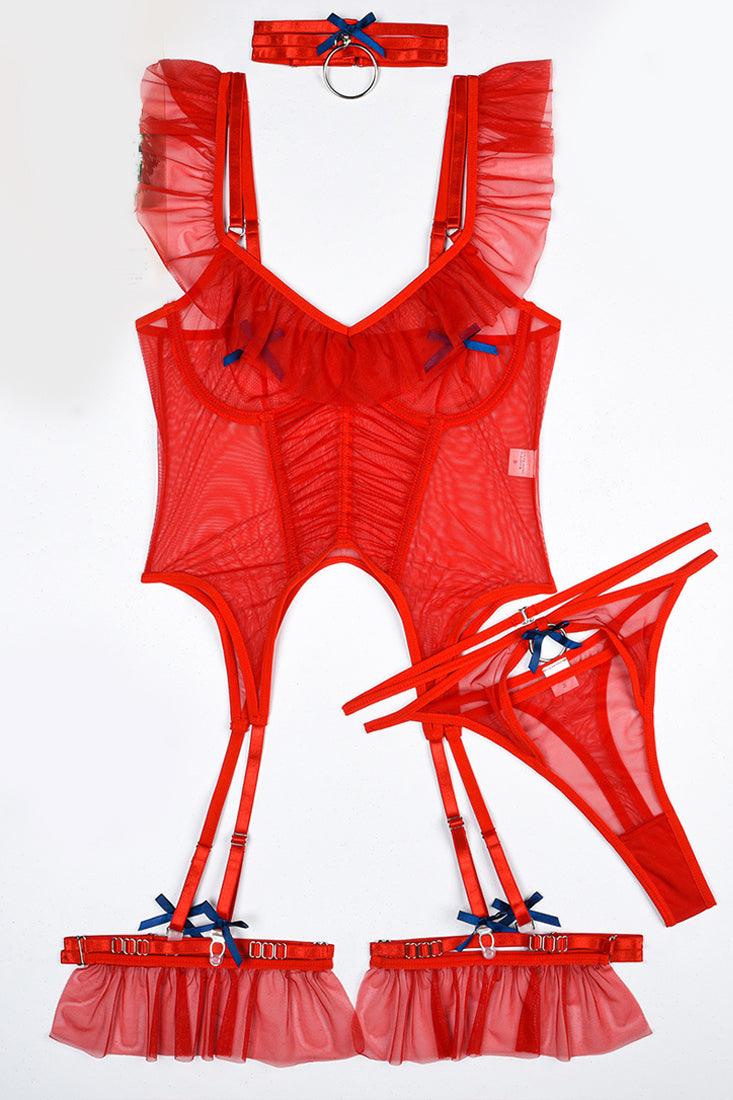 Red Ruffle Bow Sheer Mesh Boned Choker Thong Garter 5Pc Lingerie Set - AMIClubwear