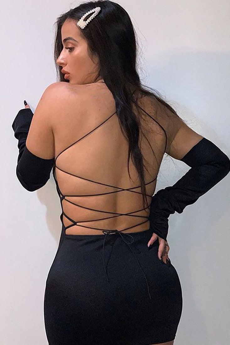 Black Thin Strappy Long Sleeves 3Pc Fitted Sexy Dress - AMIClubwear