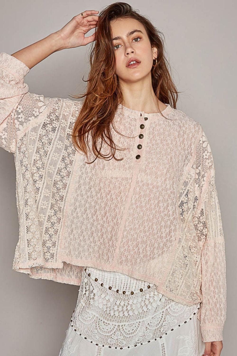 POL Round Neck Long Sleeve Raw Edge Lace Top - AMIClubwear