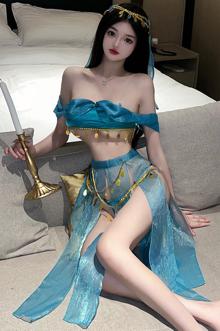 Turquoise Gold Ultra Sexy Princess Jas Belly Dancer Costume - AMIClubwear