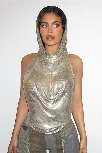 Silver Metallic Halter Hooded Backless Chain Party Club Top - AMIClubwear