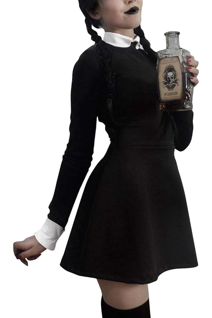  TORARY Wednesday Addams Costume Black Long Sleeve Dress A Line  White Collared Addams Costume Women : Clothing, Shoes & Jewelry