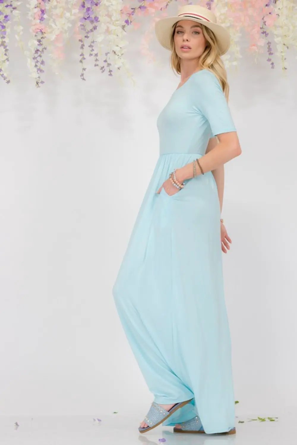 Celeste Full Size Round Neck Short Sleeve Maxi Dress with Pockets Plus Size